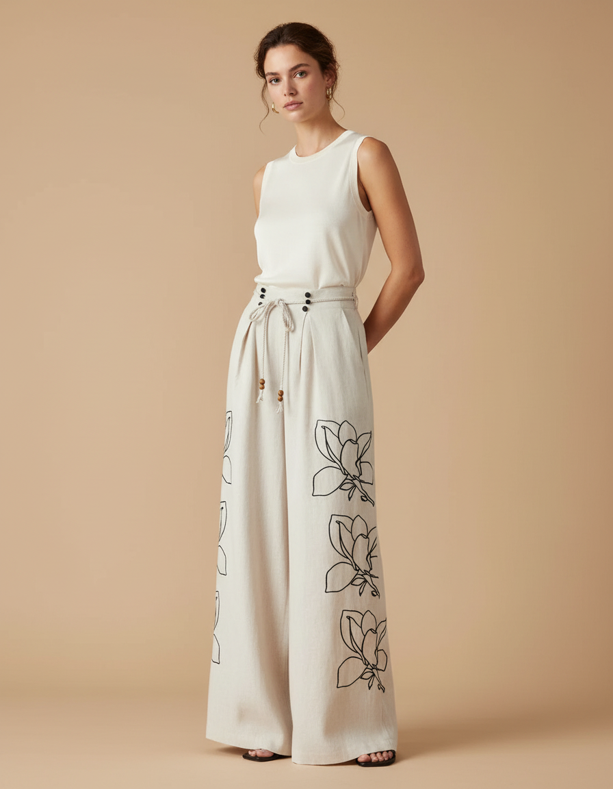 Pantalon Beige Large Fluide Lin Brodé Floral Femme