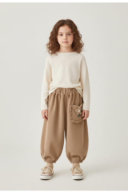 Pantalon Beige Côtelé Ample Décontracté Fleur Enfant - Molleton