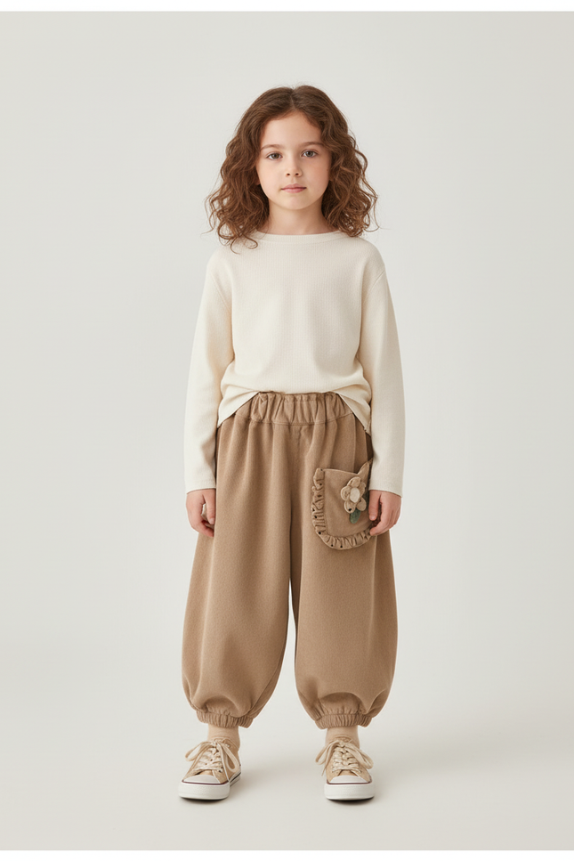 Pantalon Beige Côtelé Ample Décontracté Fleur Enfant - Molleton