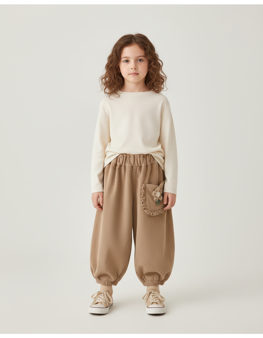 Pantalon Beige Côtelé Ample Décontracté Fleur Enfant - Molleton