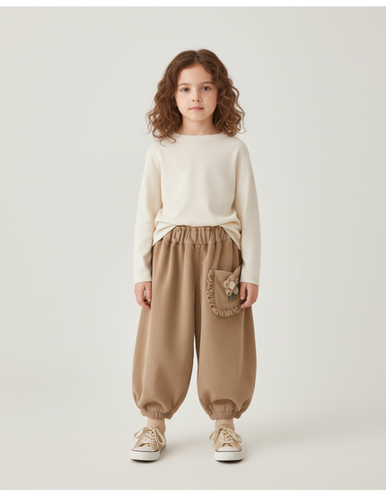Pantalon Beige Côtelé Ample Décontracté Fleur Enfant - Molleton