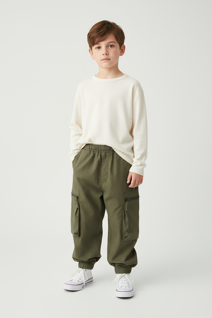 Pantalon Beige Cargo Enfant Décontracté Multipoches Robuste - Kaki Toile