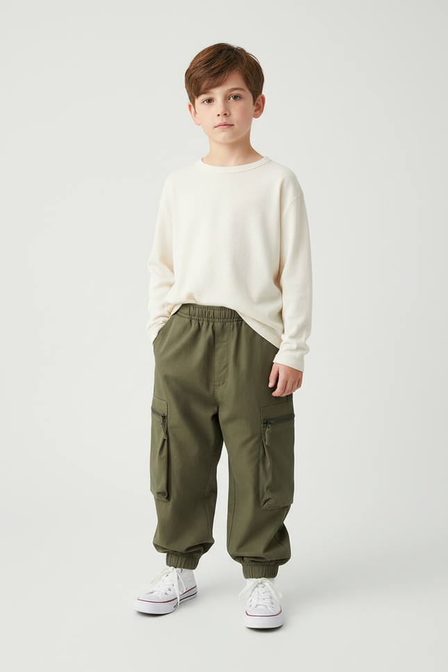 Pantalon Beige Cargo Enfant Décontracté Multipoches Robuste - Kaki Toile