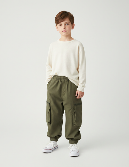 Pantalon Beige Cargo Enfant Décontracté Multipoches Robuste - Kaki Toile