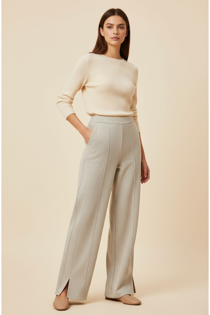 Pantalon Beige Ample Fendu Confortable Femme - Gris Maille