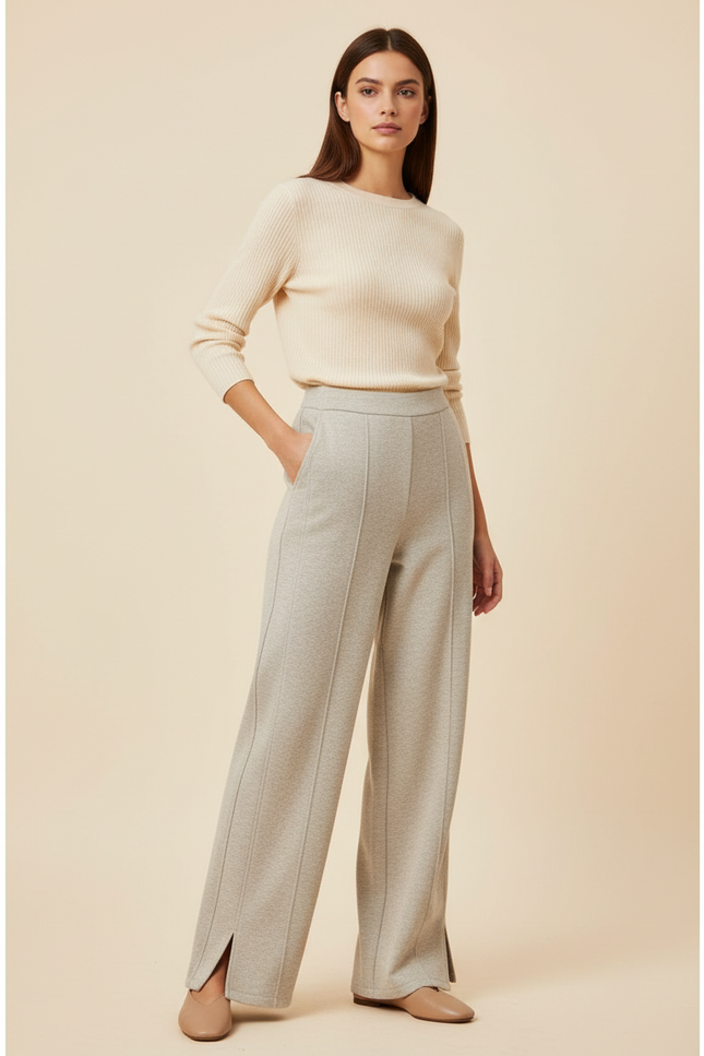 Pantalon Beige Ample Fendu Confortable Femme - Gris Maille