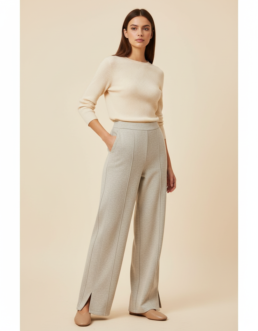 Pantalon Beige Ample Fendu Confortable Femme - Gris Maille