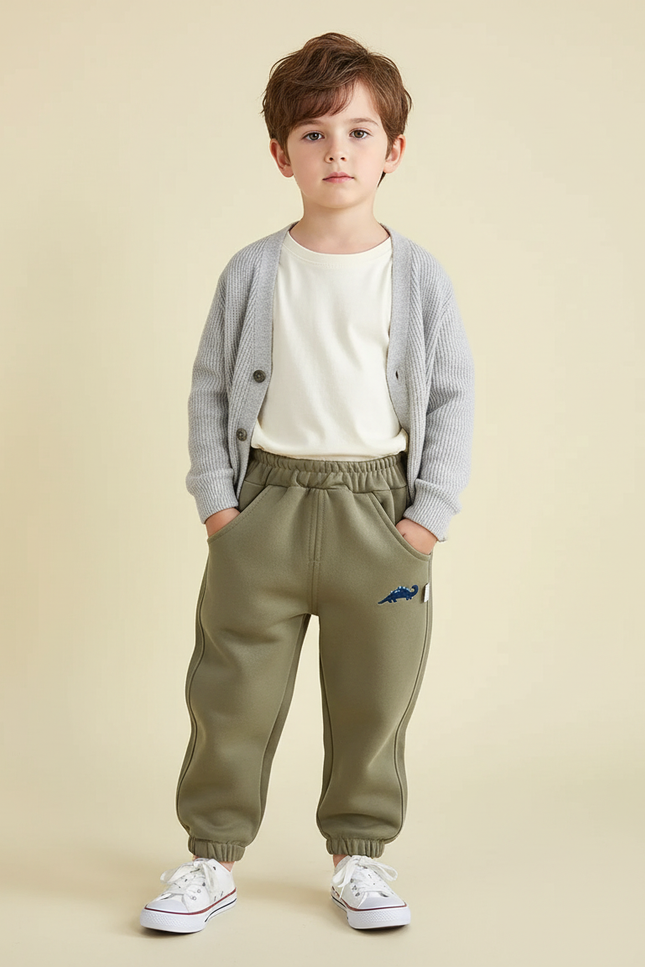 Pantalon Beige Molleton Sport Enfant Garçon Dinosaure - Kaki