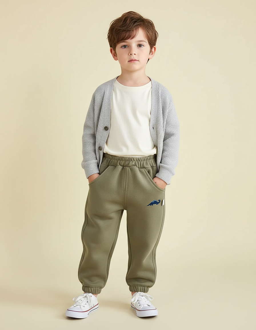 Pantalon Beige Molleton Sport Enfant Garçon Dinosaure - Kaki