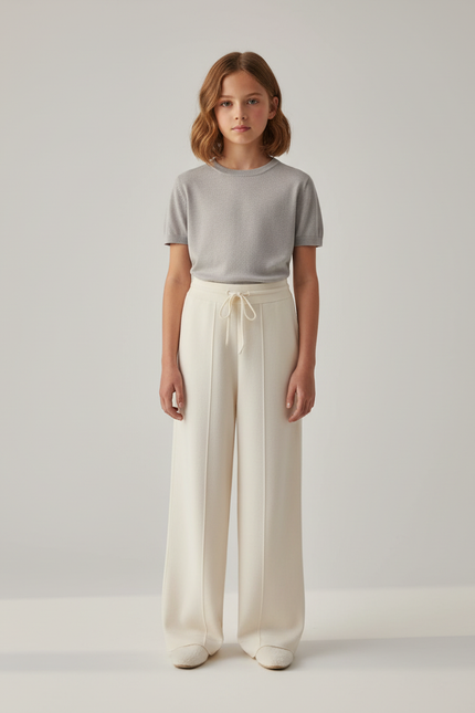 Pantalon Beige Ample Tricoté Confortable Fille - Maille