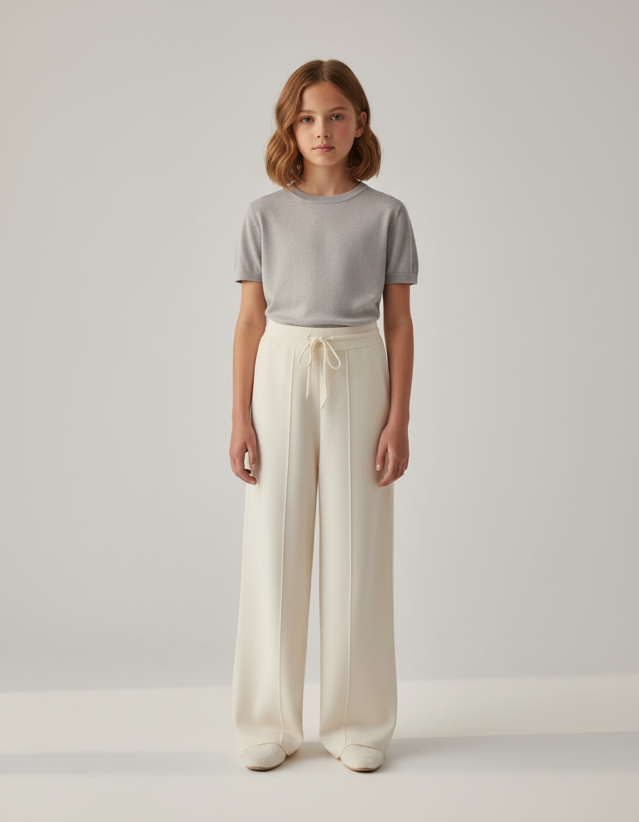 Pantalon Beige Ample Tricoté Confortable Fille - Maille