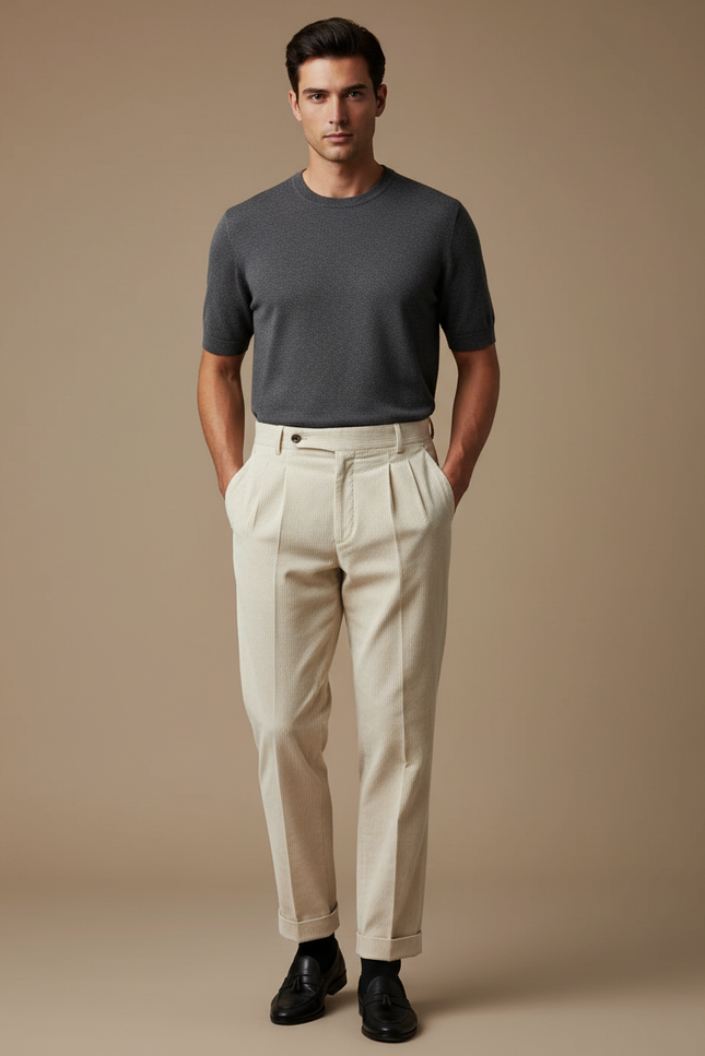 Pantalon Beige Côtelé Plissé Droit Élégant Décontracté - Cordé