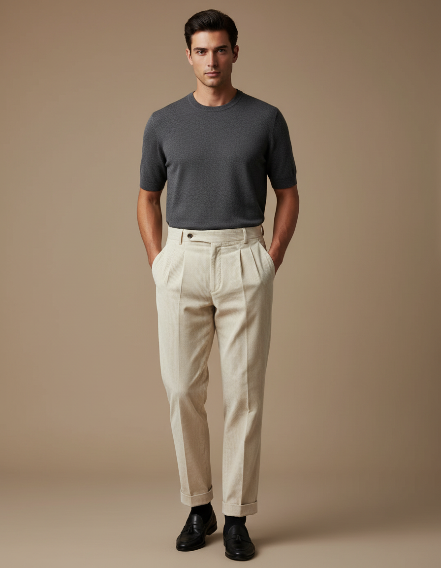 Pantalon Beige Côtelé Plissé Droit Élégant Décontracté - Cordé