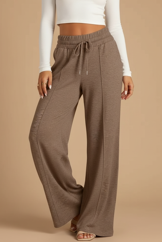 Pantalon Beige Ample Fluide Décontracté Cordon Femme - Marron Molleton