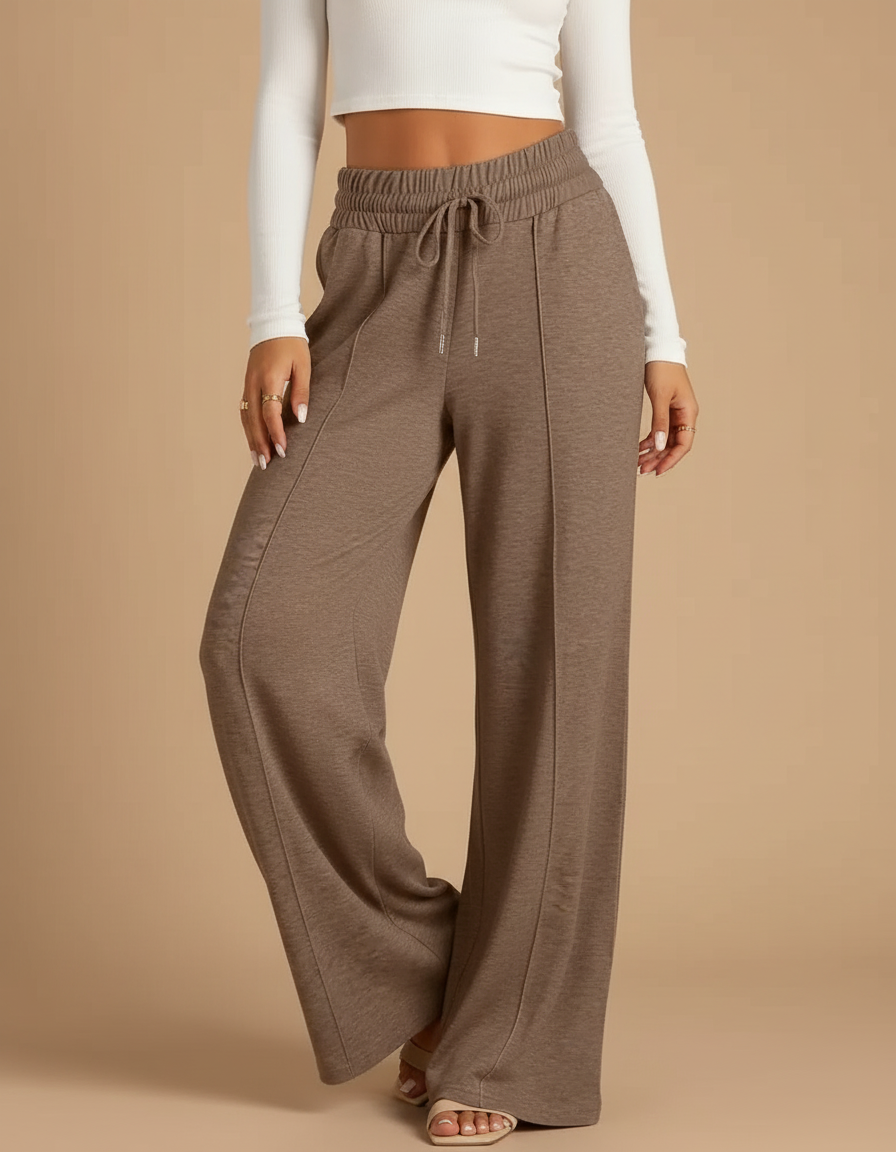 Pantalon Beige Ample Fluide Décontracté Cordon Femme - Marron Molleton