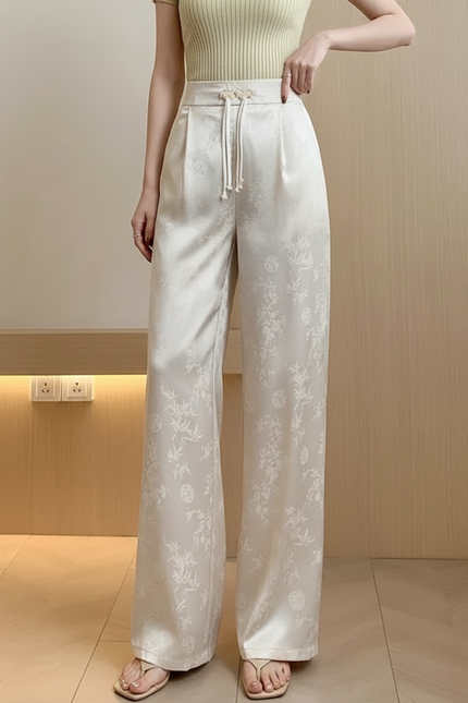 Pantalon Beige Satiné Jacquard Ample Fluide Élégant
