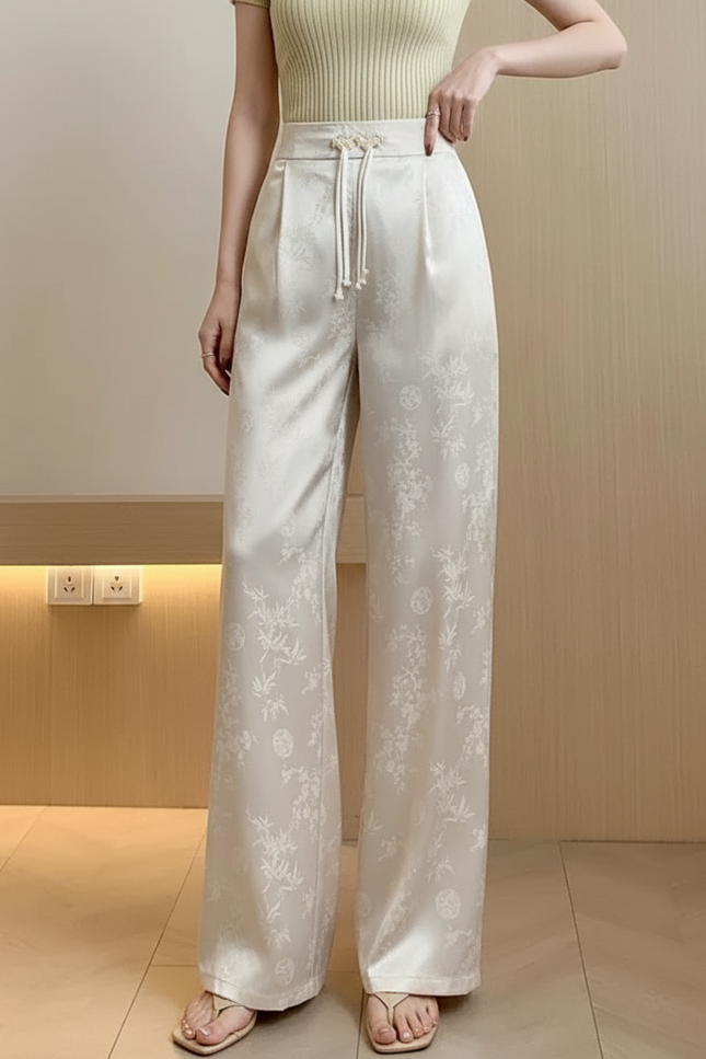 Pantalon Beige Satiné Jacquard Ample Fluide Élégant