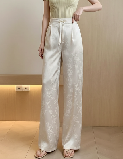 Pantalon Beige Satiné Jacquard Ample Fluide Élégant