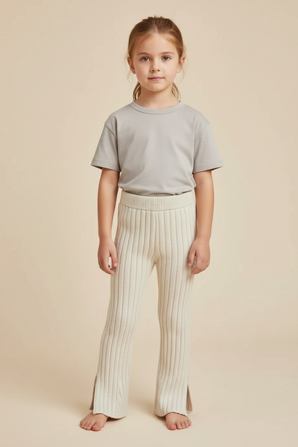 Pantalon Beige Tricoté Côtelé Évasé Enfant Doux - Maille
