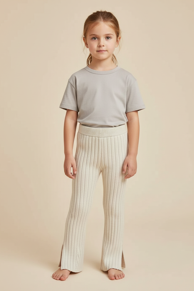 Pantalon Beige Tricoté Côtelé Évasé Enfant Doux - Maille