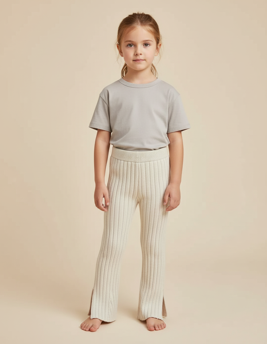 Pantalon Beige Tricoté Côtelé Évasé Enfant Doux - Maille