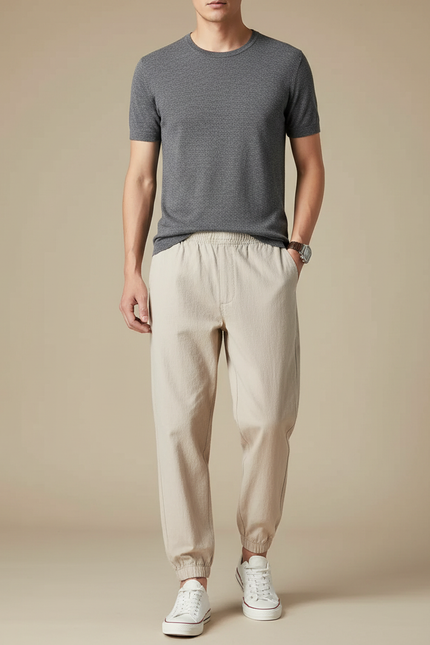 Pantalon Beige Ample Coton Chevilles Élastiquées Homme