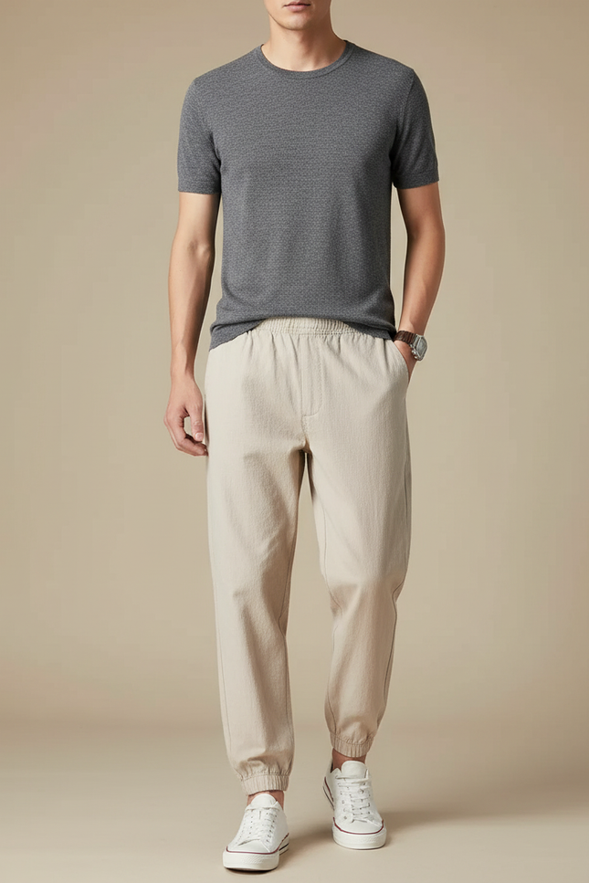 Pantalon Beige Ample Coton Chevilles Élastiquées Homme