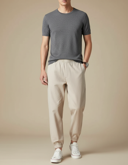 Pantalon Beige Ample Coton Chevilles Élastiquées Homme