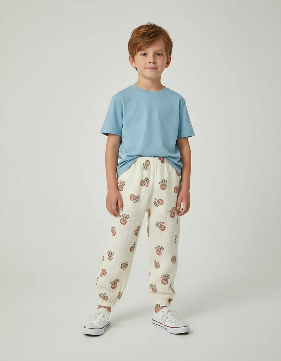 Pantalon Beige Imprimé Oursons Ample Enfant Coton