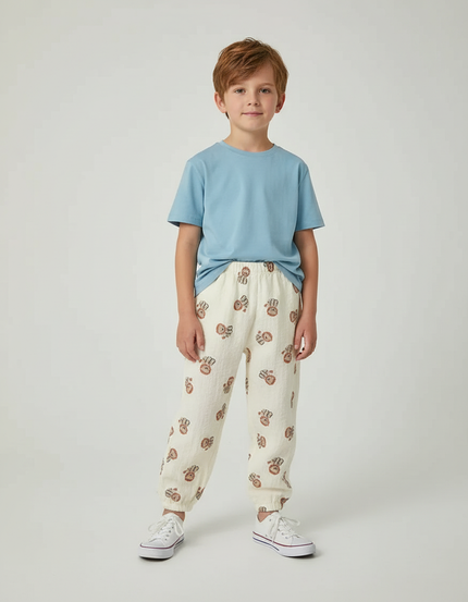 Pantalon Beige Imprimé Oursons Ample Enfant Coton