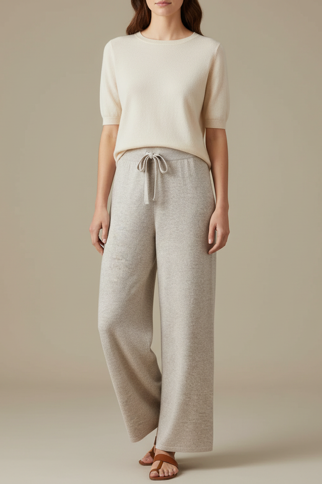 Pantalon Beige Laine Tricoté Ample Cordon Confortable