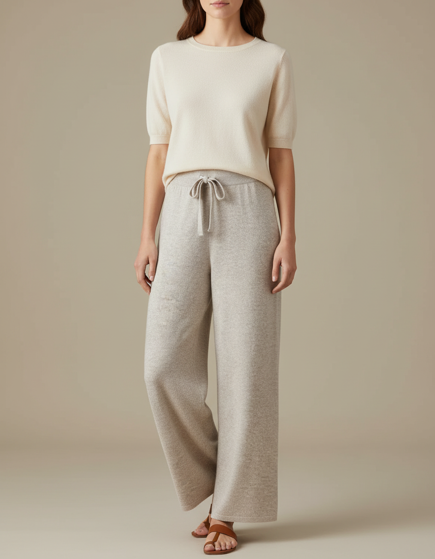 Pantalon Beige Laine Tricoté Ample Cordon Confortable