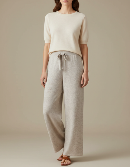 Pantalon Beige Laine Tricoté Ample Cordon Confortable