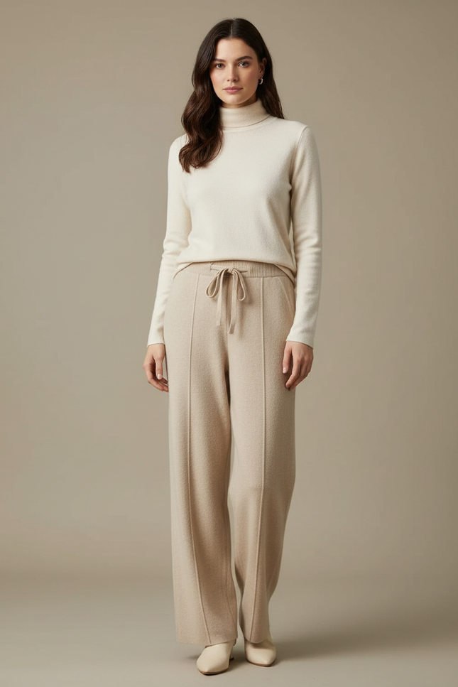 Pantalon Beige Maille Ample Tricoté Décontracté