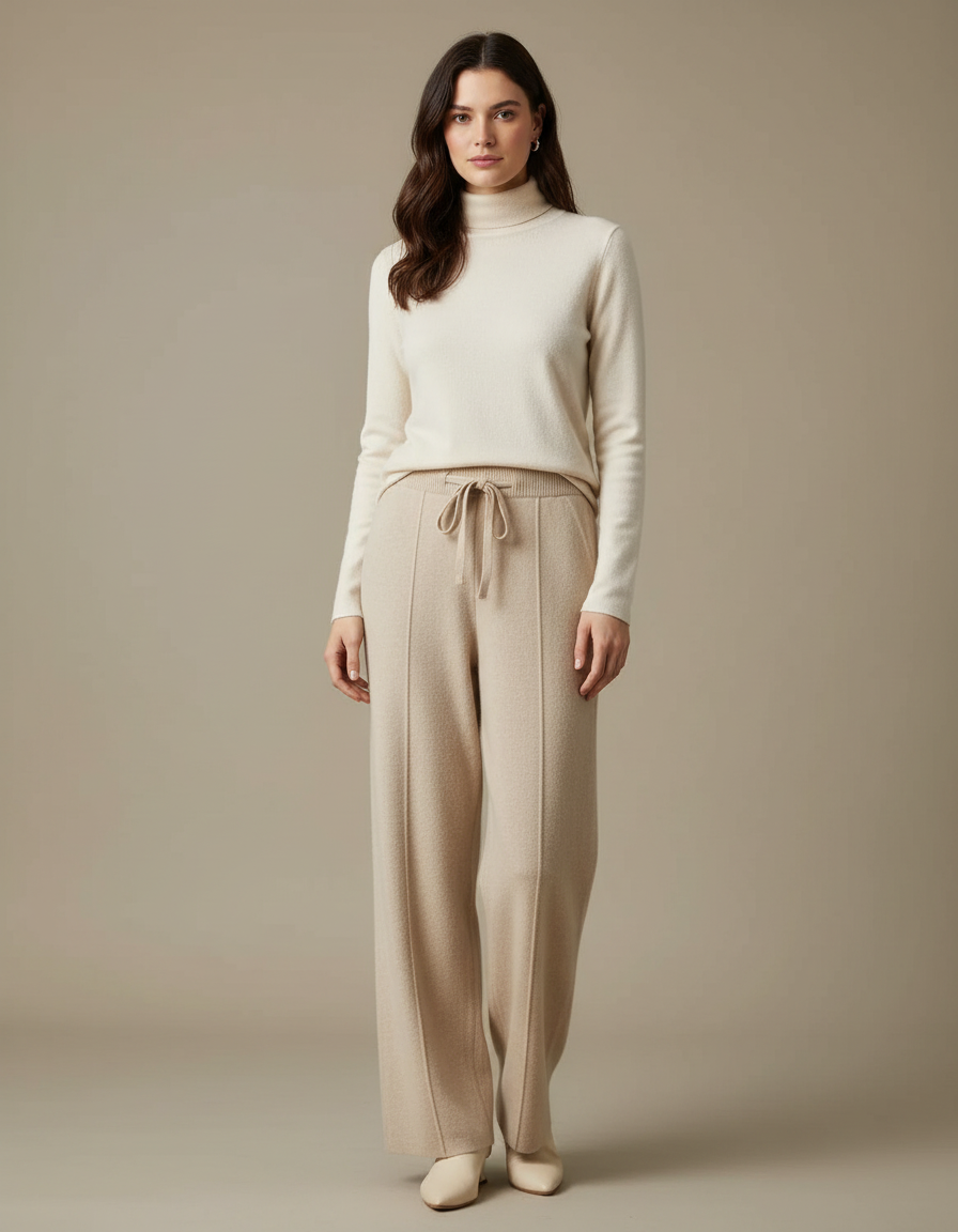 Pantalon Beige Maille Ample Tricoté Décontracté