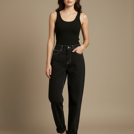 Pantalon Beige Noir Ample Taille Haute Femme - Jean
