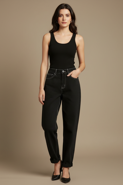 Pantalon Beige Noir Ample Taille Haute Femme - Jean