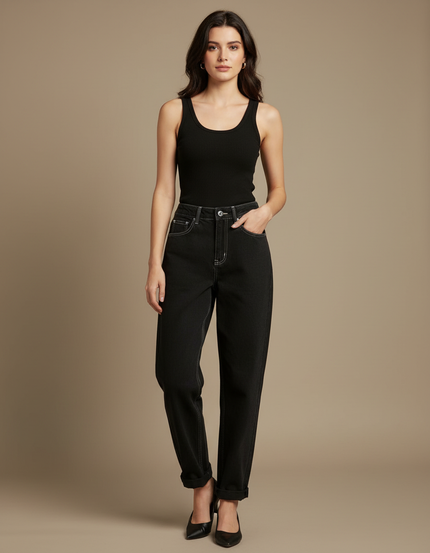 Pantalon Beige Noir Ample Taille Haute Femme - Jean