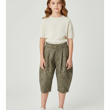Pantalon Beige Fleuri Ample Élastiqué Enfant Coton - Imprimé
