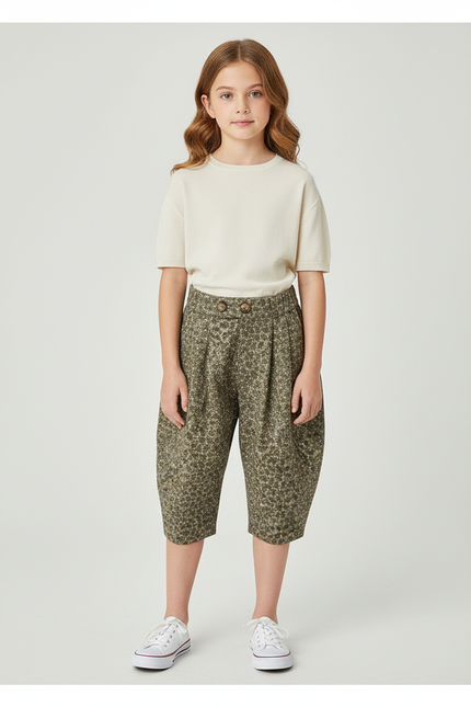 Pantalon Beige Fleuri Ample Élastiqué Enfant Coton - Imprimé