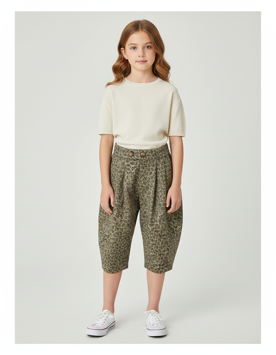 Pantalon Beige Fleuri Ample Élastiqué Enfant Coton - Imprimé