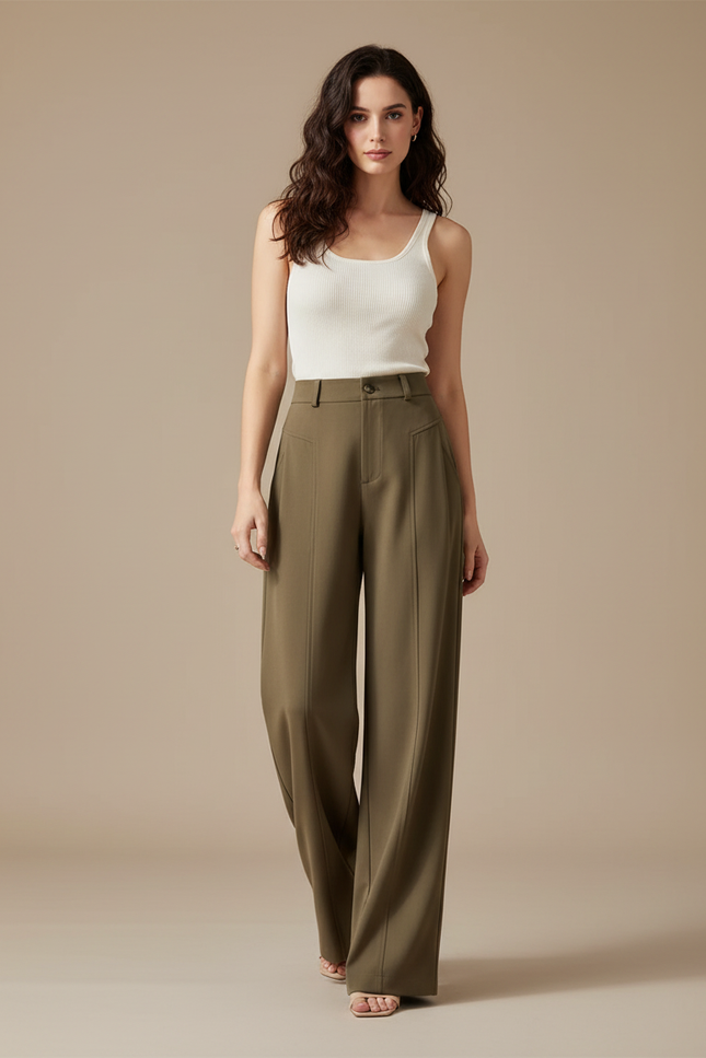 Pantalon Beige Large Plissé Élégant Fluide Femme - Kaki Polyester