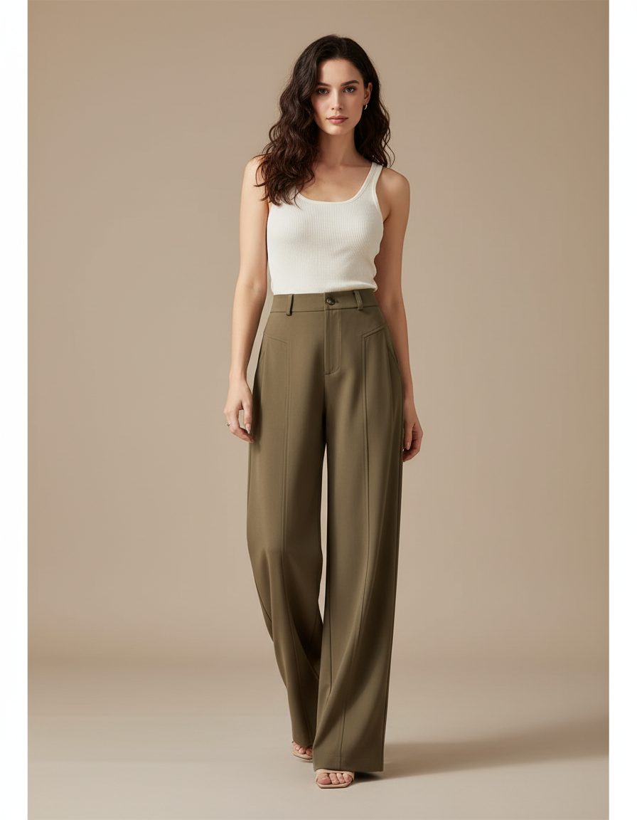 Pantalon Beige Large Plissé Élégant Fluide Femme - Kaki Polyester
