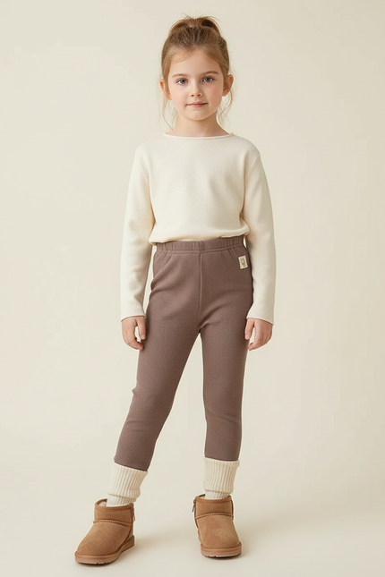 Pantalon Beige Côtelé Élastique Confortable Fille Hiver - Marron Maille