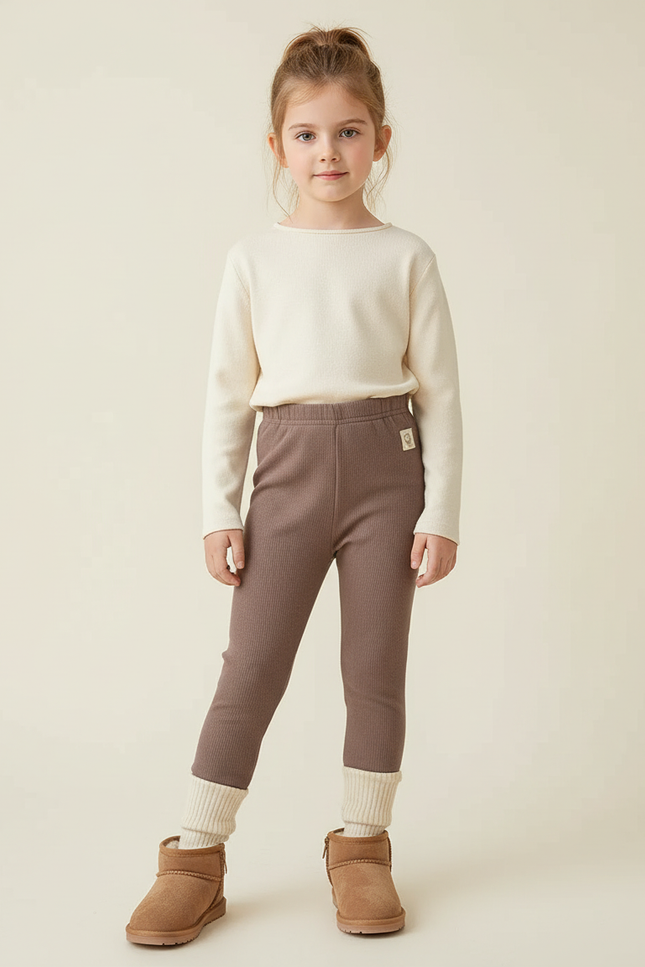 Pantalon Beige Côtelé Élastique Confortable Fille Hiver - Marron Maille