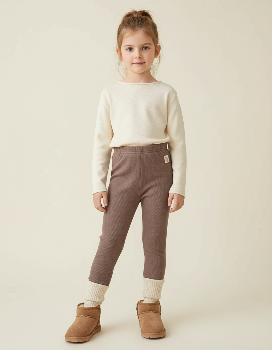 Pantalon Beige Côtelé Élastique Confortable Fille Hiver - Marron Maille