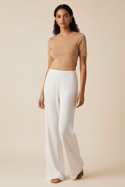 Pantalon Beige Côtelé Droit Fluide Femme Décontracté - Maille