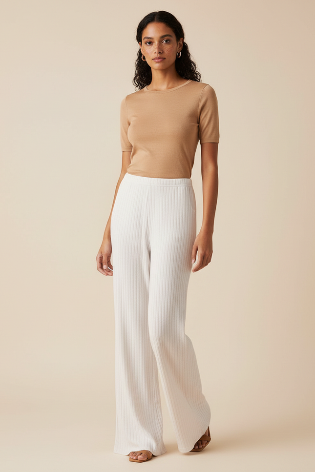 Pantalon Beige Côtelé Droit Fluide Femme Décontracté - Maille