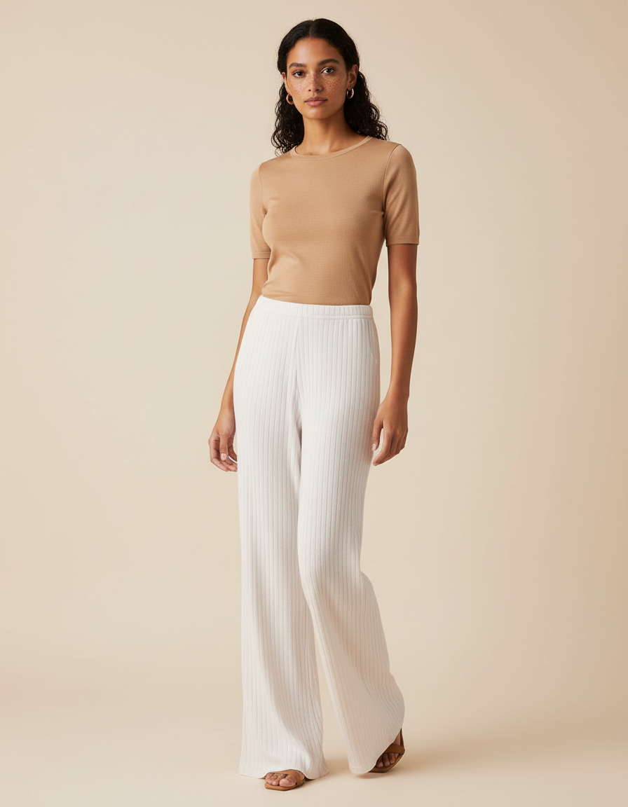 Pantalon Beige Côtelé Droit Fluide Femme Décontracté - Maille