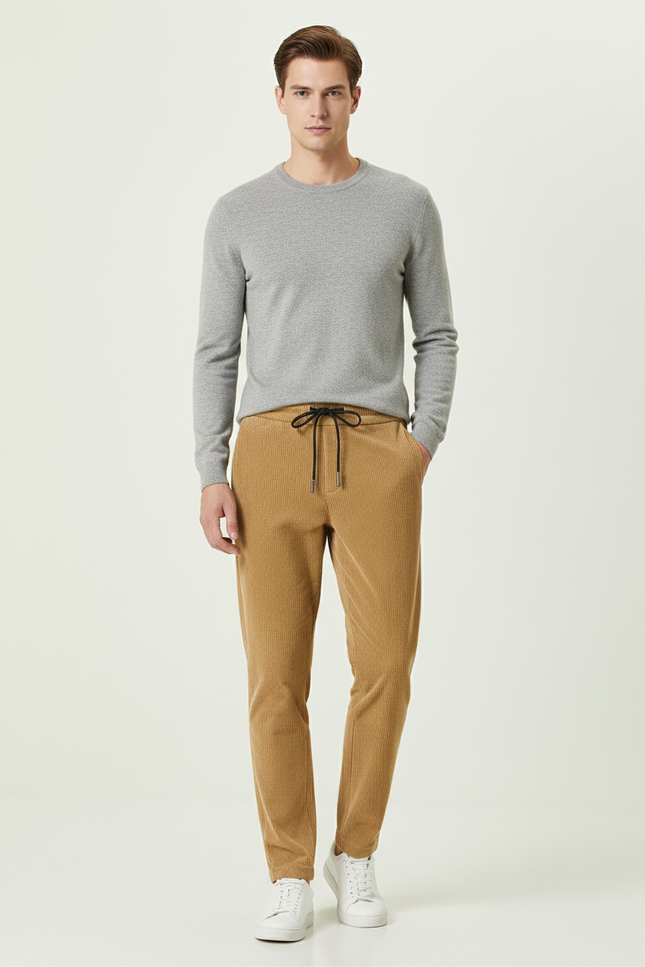 Pantalon Beige Côtelé Homme Cordon Décontracté Élastique - Camel Cordé